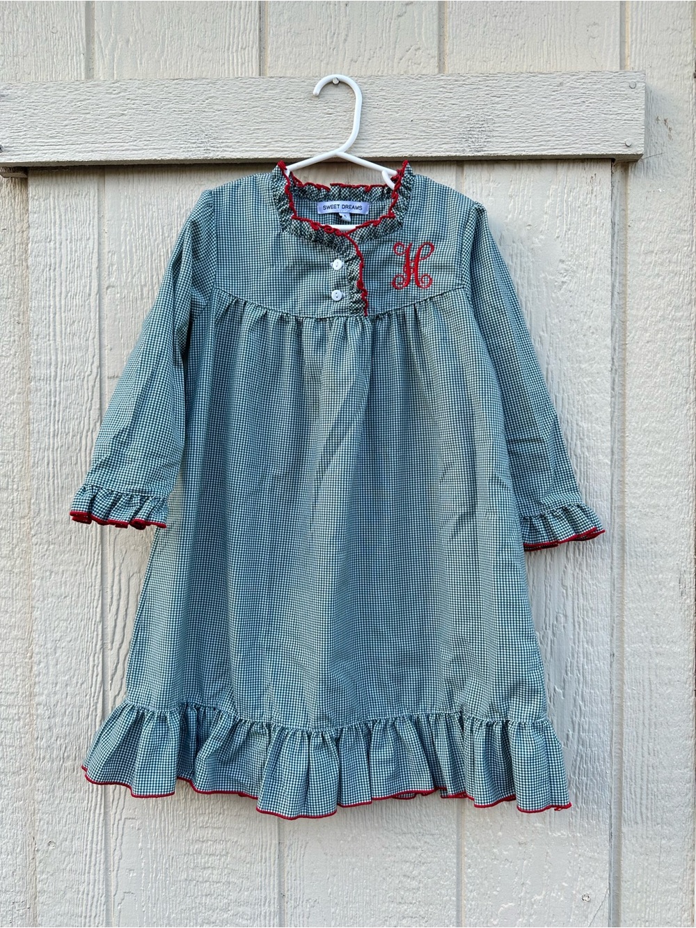 Sweet Dreams Green Gingham Nightgown with Red Trim and Monogram